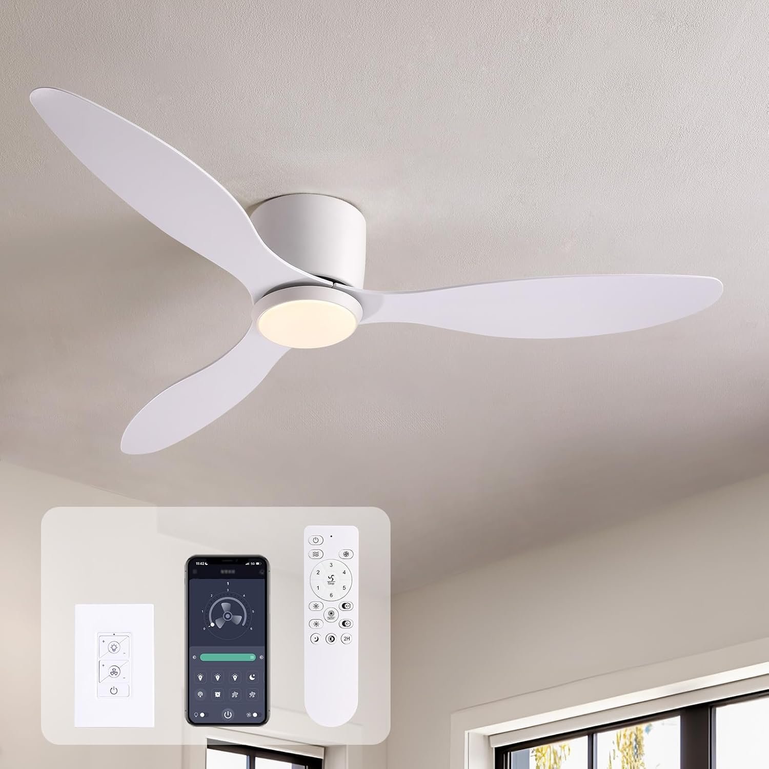 LUDOMIDE Ceiling Fans with Lights,52 Inch Low Profile Ceiling Fan with Wall Control and Remote Control,Dimmable,Flush Mount Ceiling Fan with Noiseless DC Reversible Motor for Bedroom Indoor Use - Image 2