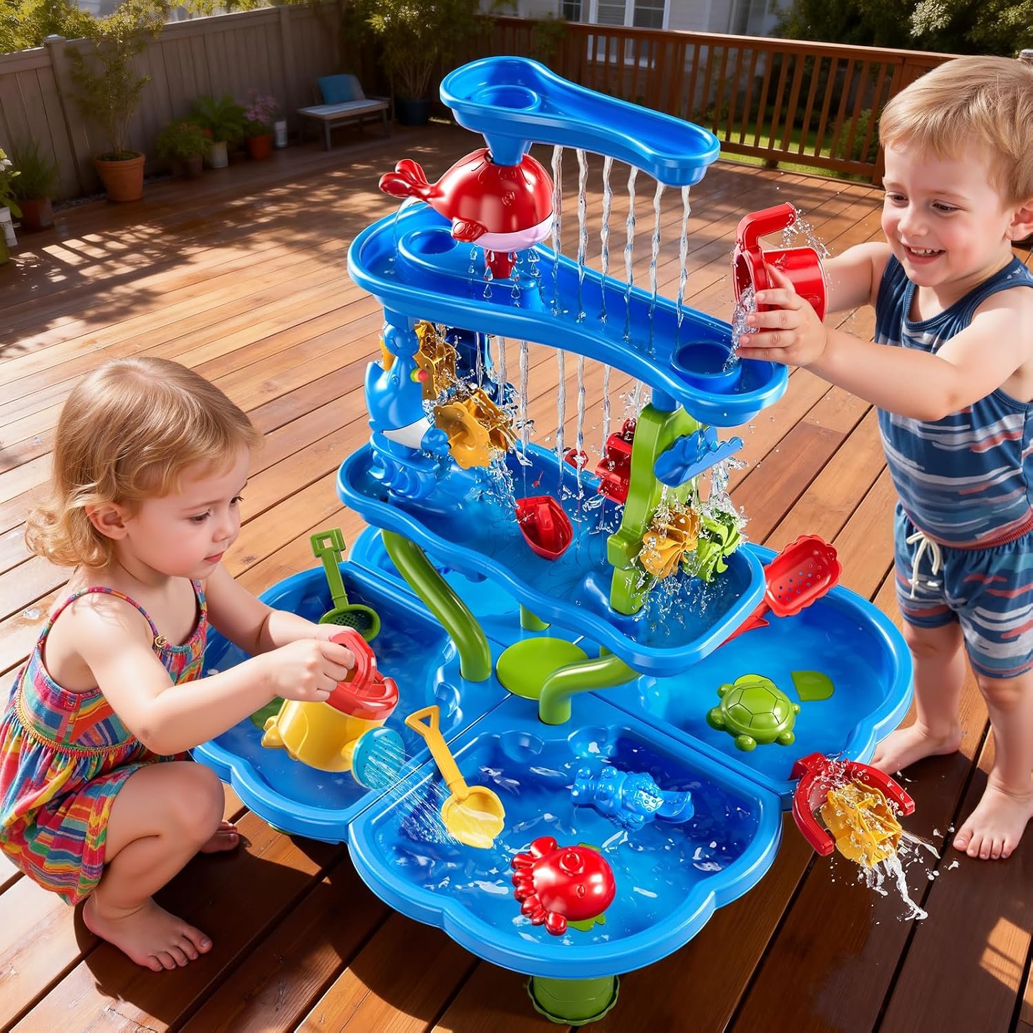 ZDRKWSM 3-Tier 4 Areas Water Table for Kids 3-5, Summer Outdoor Beach Sensory Activity Playset Kids Sand and Water Table Toys, Birthday Gifts for Boys and Girls 3 4 5 6 7 8 - Image 6