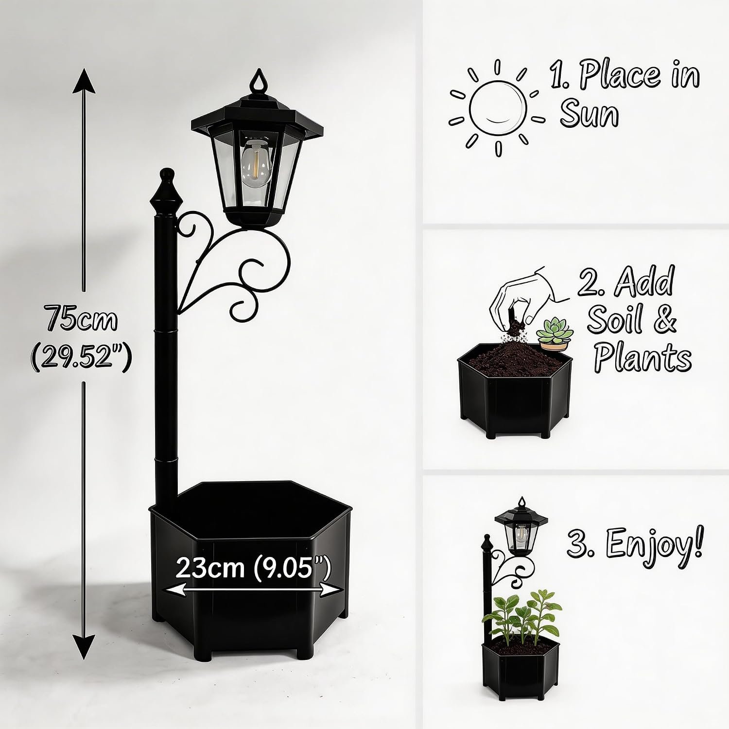 DJGIFI 2 Pack Solar Floor Lamps with Planter (2-in-1 Design), 29.5 Outdoor LED Garden Lights - IP44 Waterproof, Warm White Auto-On at Dusk, Easy Install for Lawn, Patio, Porch, Yard & Pathway Decor - Image 6