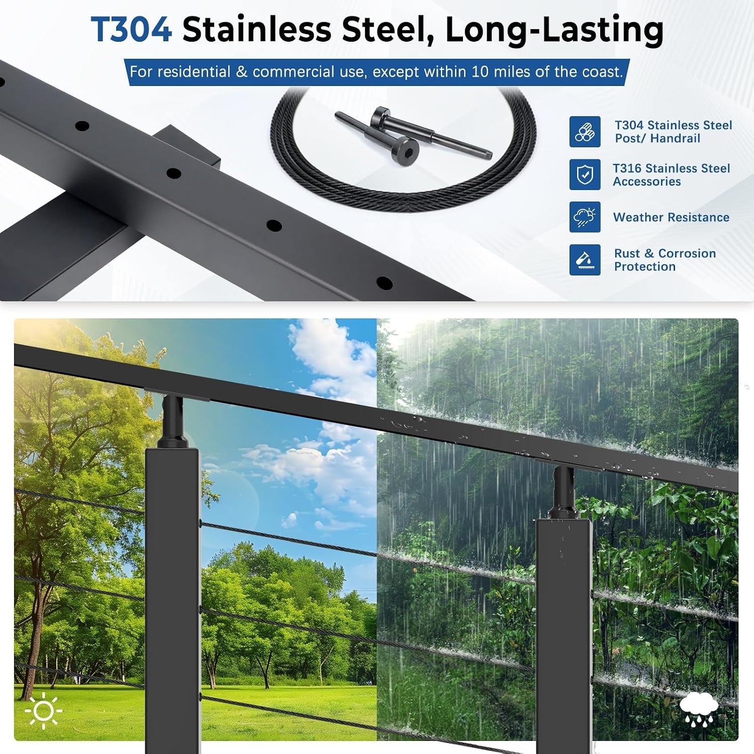 Zylorix 4ft-8ft Complete Set 36" Cable Railing System 33° Drilled with Cuttable Handrail, Modular Black T304 Stainless Steel Angled Stair Cable Railing Posts Kit for 28-38° Wood Concrete Stair - Image 5