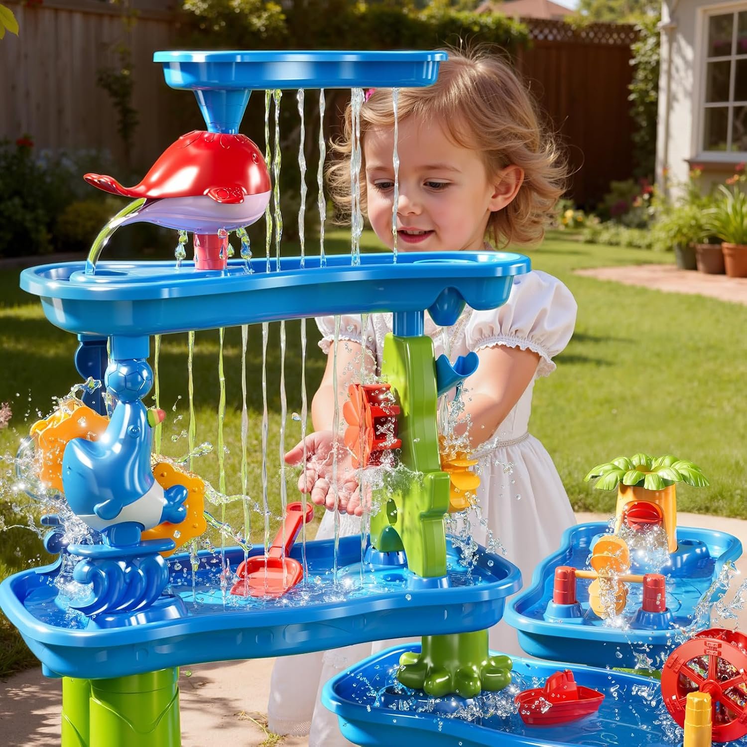 ZDRKWSM 3-Tier 4 Areas Water Table for Kids 3-5, Summer Outdoor Beach Sensory Activity Playset Kids Sand and Water Table Toys, Birthday Gifts for Boys and Girls 3 4 5 6 7 8 - Image 5