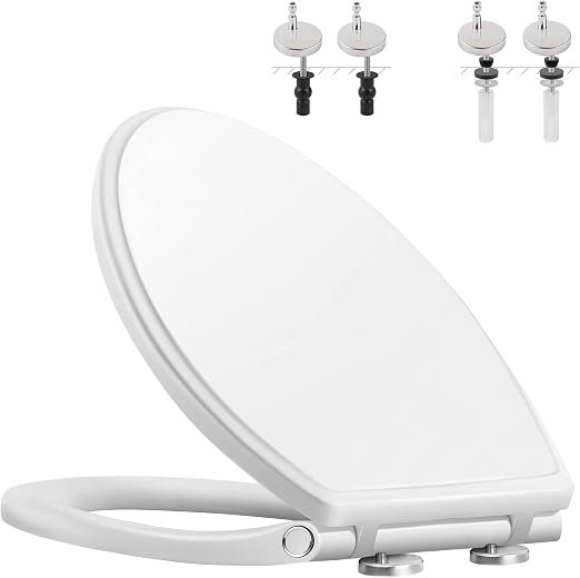 Hibbent Premium Elongated Toilet Seat with Quiet Close, One-Click to Quick Release, Installation Non-Slip Seat Bumpers, Slow Toilet Seat and Cover, Cleaning-White Color