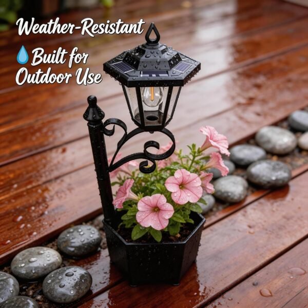 DJGIFI 2 Pack Solar Floor Lamps with Planter (2-in-1 Design), 29.5 Outdoor LED Garden Lights - IP44 Waterproof, Warm White Auto-On at Dusk, Easy Install for Lawn, Patio, Porch, Yard & Pathway Decor