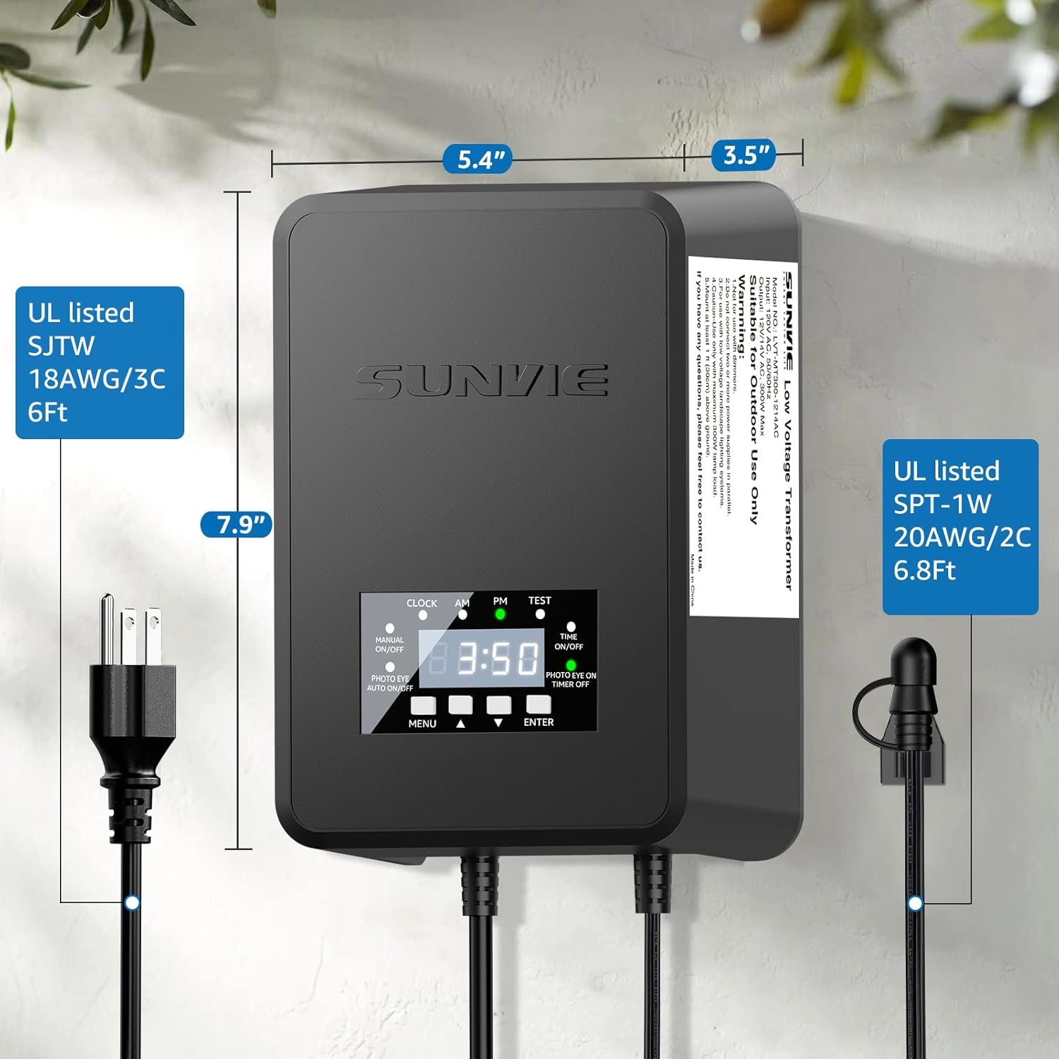 SUNVIE 300W Low Voltage Landscape Transformer 3 Zones Landscape Lighting Transformer with Timer & Photocell Sensor Waterproof Low Voltage Transformer 120V to 12V14V AC for Outdoor Garden Path Lights - Image 6