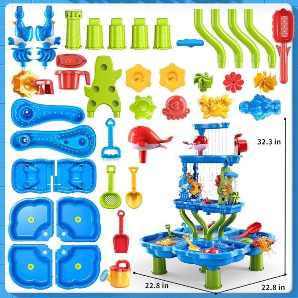 ZDRKWSM 3-Tier 4 Areas Water Table for Kids 3-5, Summer Outdoor Beach Sensory Activity Playset Kids Sand and Water Table Toys, Birthday Gifts for Boys and Girls 3 4 5 6 7 8