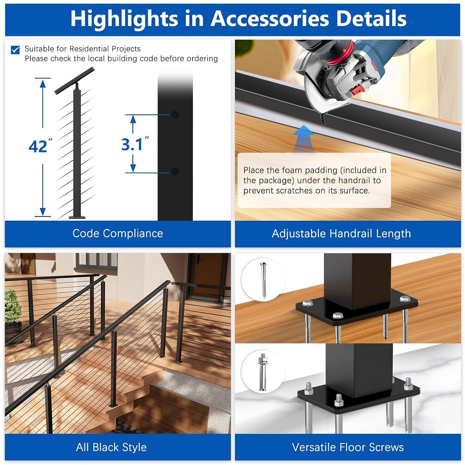 Zylorix 4ft-8ft Complete Set 36" Cable Railing System 33° Drilled with Cuttable Handrail, Modular Black T304 Stainless Steel Angled Stair Cable Railing Posts Kit for 28-38° Wood Concrete Stair - Image 7
