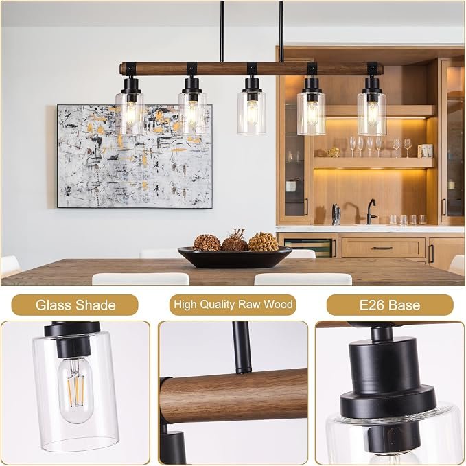 Dining Room Chandelier Over Table, 5-Light Farmhouse Kitchen Island Lighting, Matte Black Rustic Wood Chandelier with Clear Glass Shade, Ceiling Pendant Light Fixture for Kitchen - Image 5