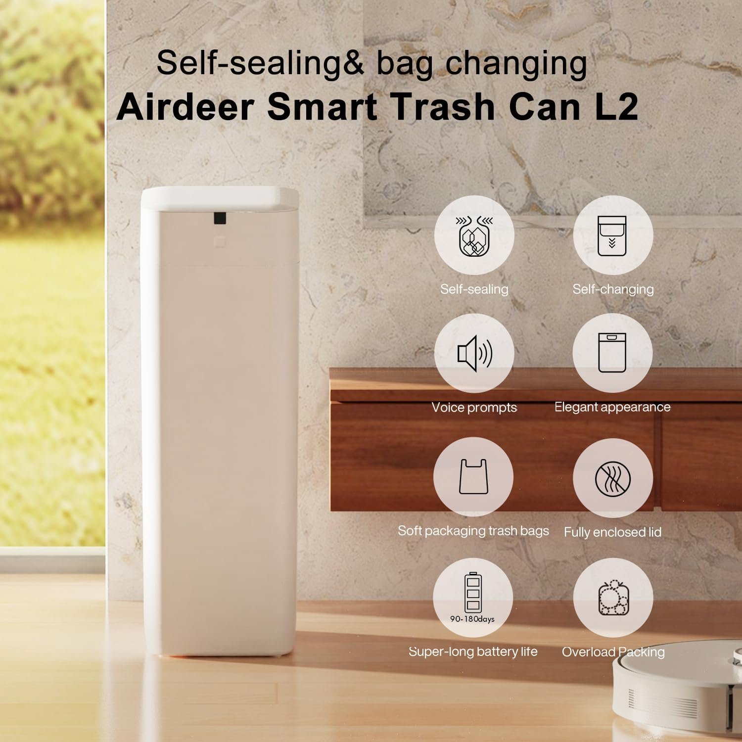 Airdeer L2 Automatic Trash Can, 8 Gallon Self Sealing and Self-Changing Smart Trash Can, Motion Sensor, Touchless Garbage can with lid for Kitchen Office, 6 Refill Bag Rings(White) - Image 2