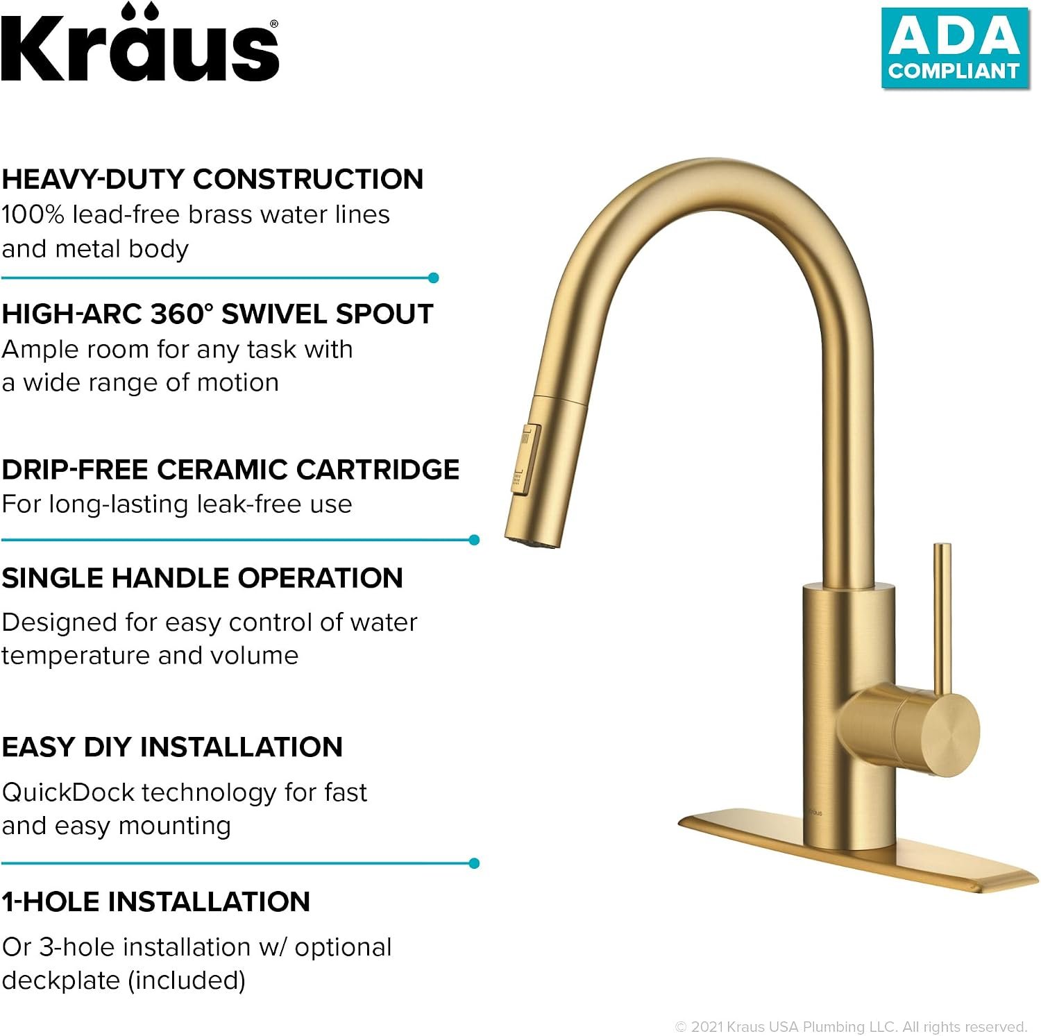 KRAUS Oletto Single Handle Pull Down Kitchen Faucet with QuickDock Top Mount Installation Assembly in Spot-Free Brushed Brass, KPF-2620BB - Image 3
