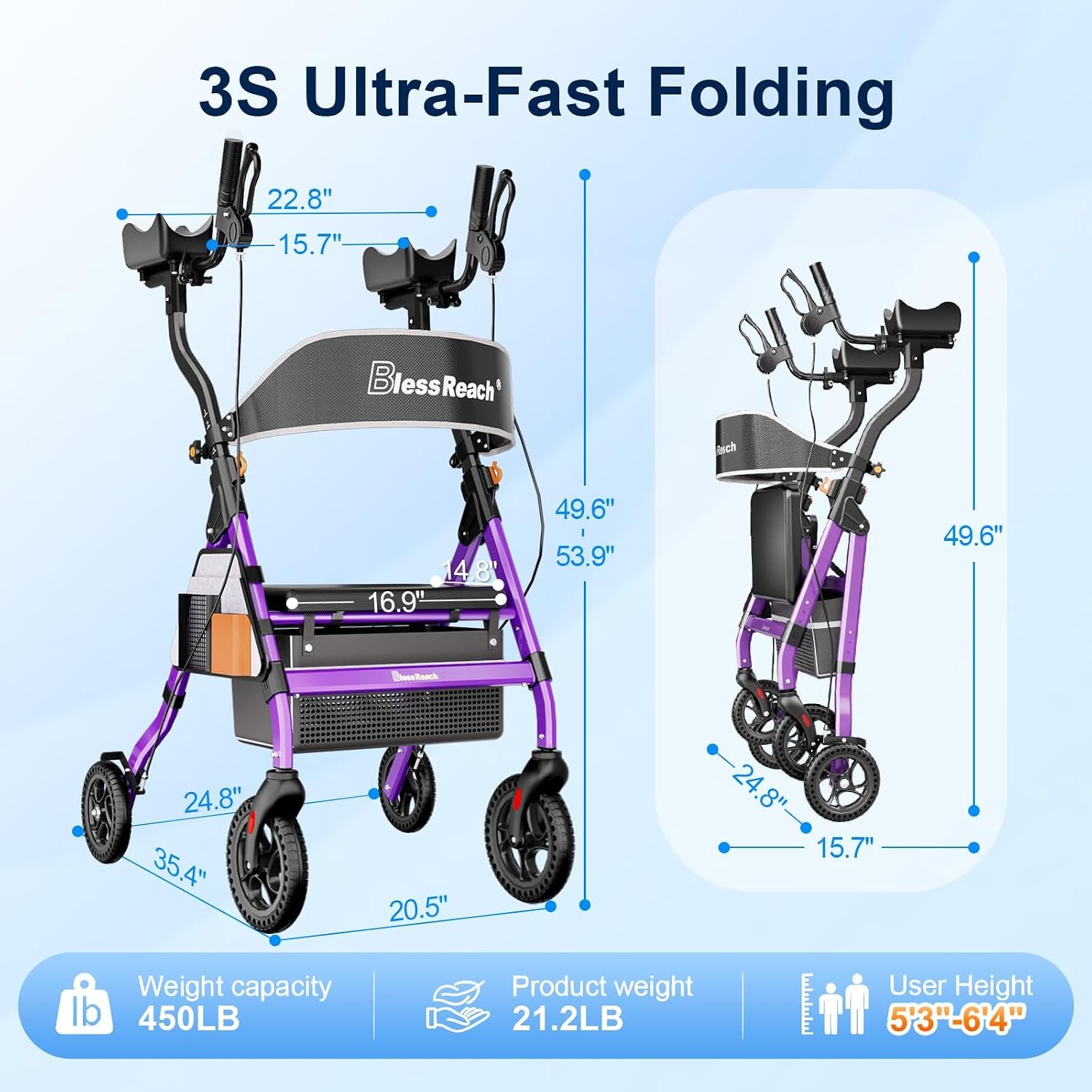 BlessReach Heavy Duty Upright Rollator Walker for Seniors with Seat, 450lb Capacity, 8 All-Terrain Wheels, 6 Height Adjustments, Padded Seat & Backrest, Easy Assembly, Foldable Design, Purple - Image 2