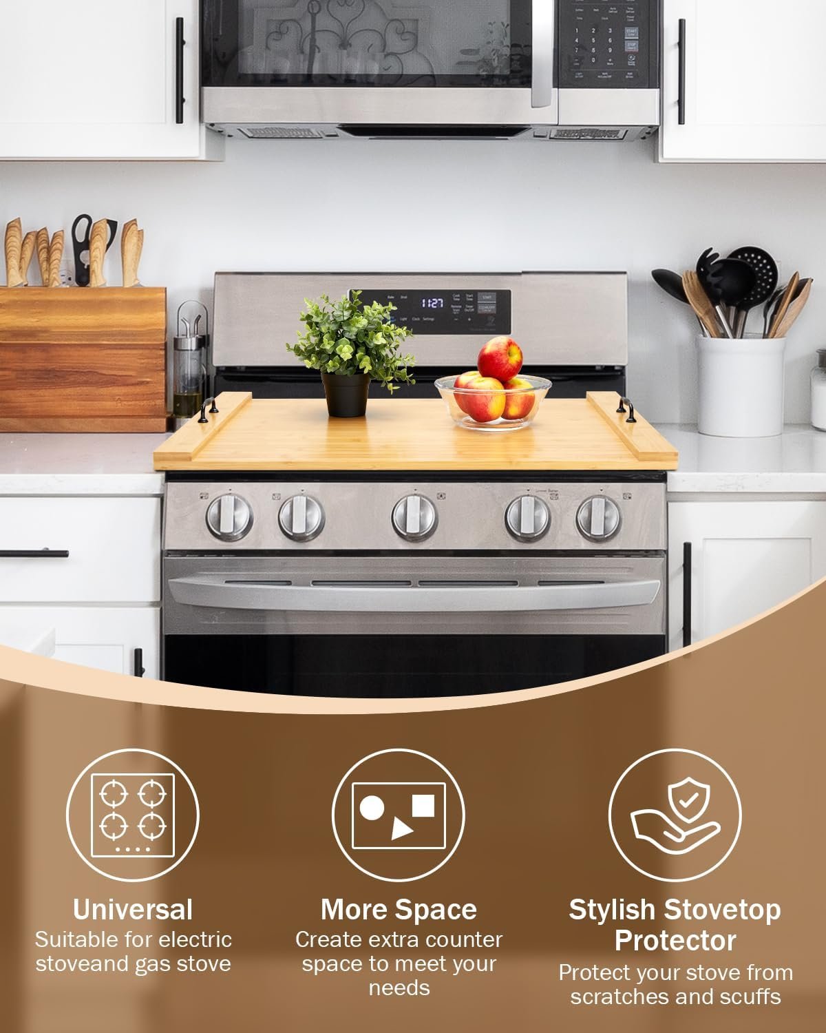 Noodle Board Stove Cover, X-Chef 30 x 22" Bamboo Cutting Board Stove Top Cover with Handles, for Electric Stovetop, Gas Burners, Sink Cover, RV (Wooden) Visit the X-Chef Store - Image 8