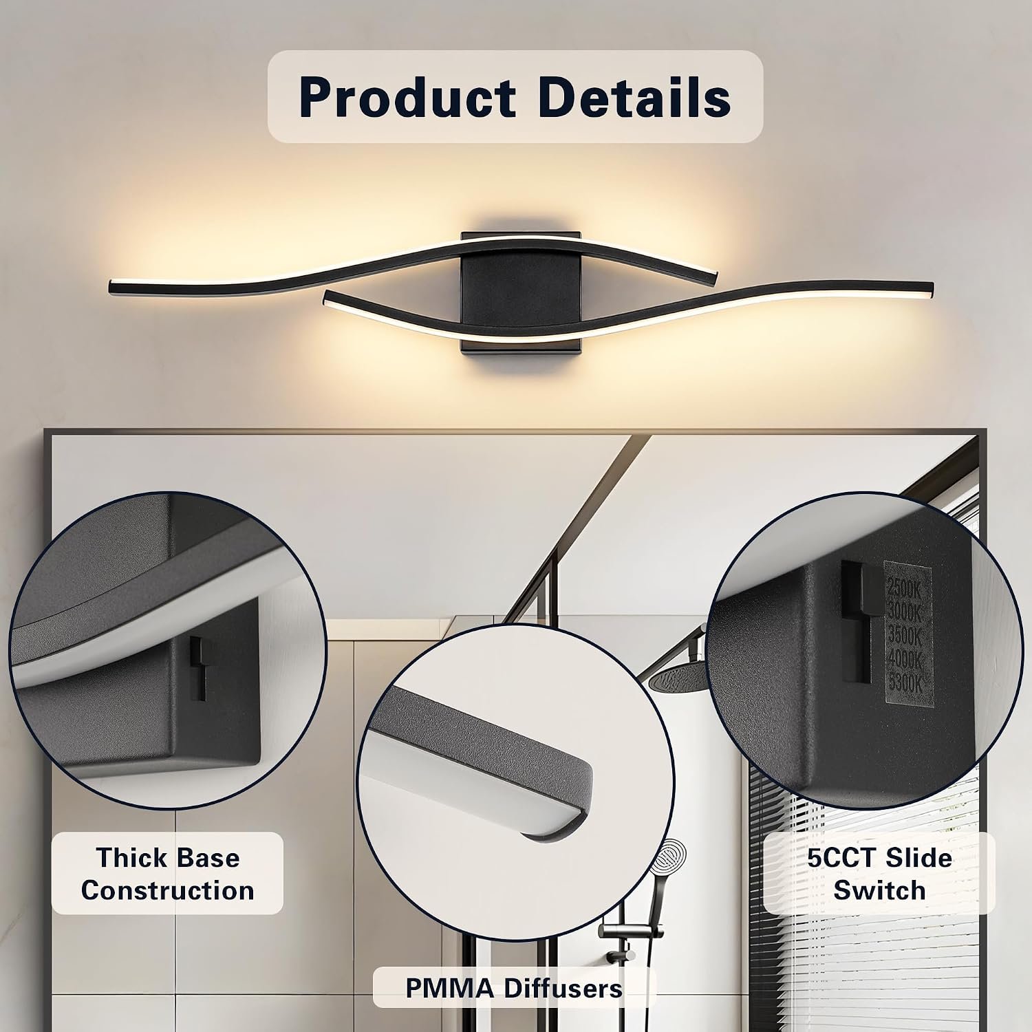 Joossnwell Bathroom Vanity Light Modern Bathroom Lighting Fixture Over Mirror 31.5 Inch Black Vanity Light Bar Dimmable 5CCT Vanity Lights Led Bath Wall Lamp - Image 3