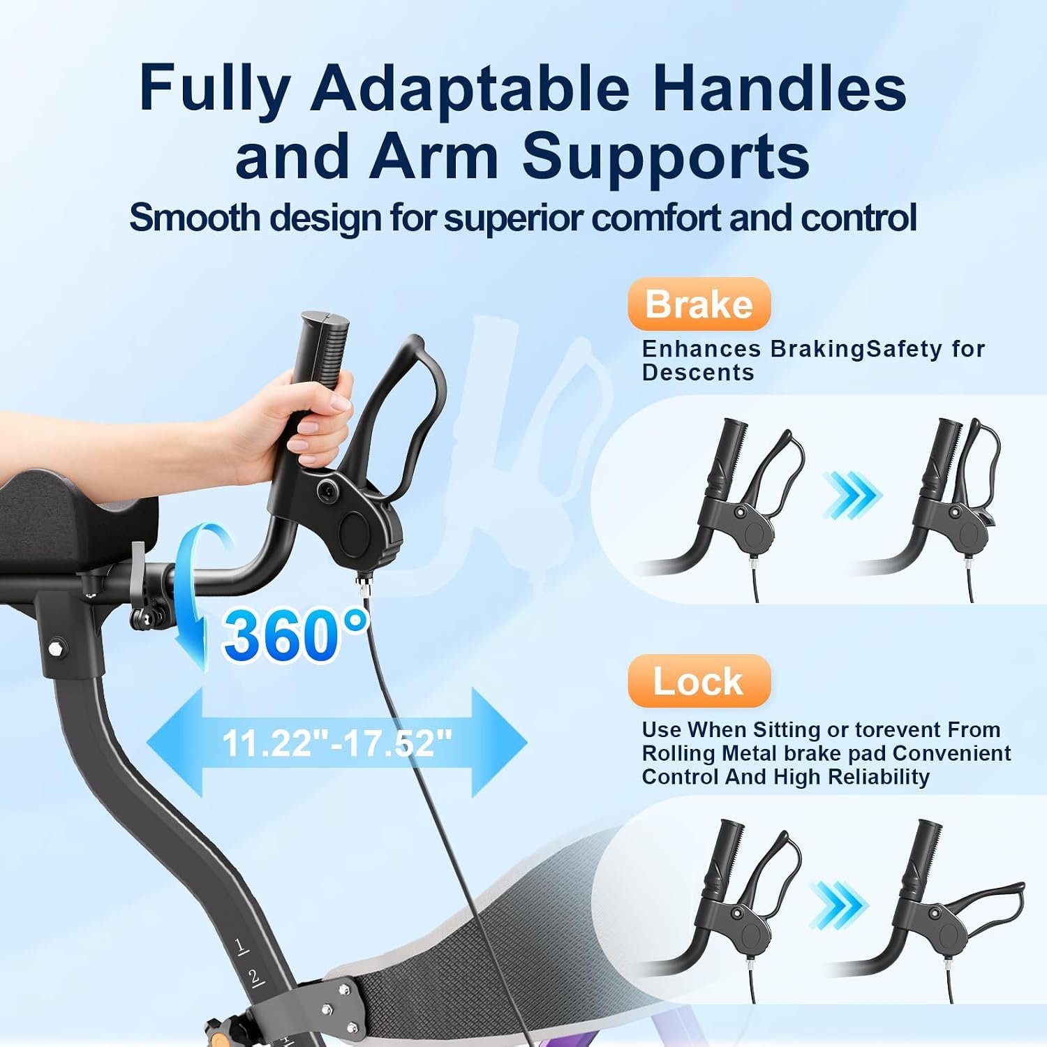 BlessReach Heavy Duty Upright Rollator Walker for Seniors with Seat, 450lb Capacity, 8 All-Terrain Wheels, 6 Height Adjustments, Padded Seat & Backrest, Easy Assembly, Foldable Design, Purple - Image 4