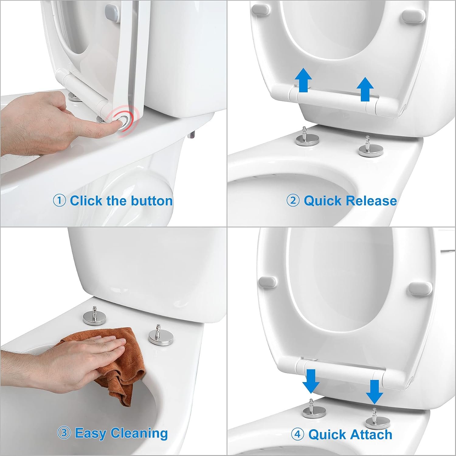 Hibbent Premium Elongated Toilet Seat with Quiet Close, One-Click to Quick Release, Installation Non-Slip Seat Bumpers, Slow Toilet Seat and Cover, Cleaning-White Color - Image 3