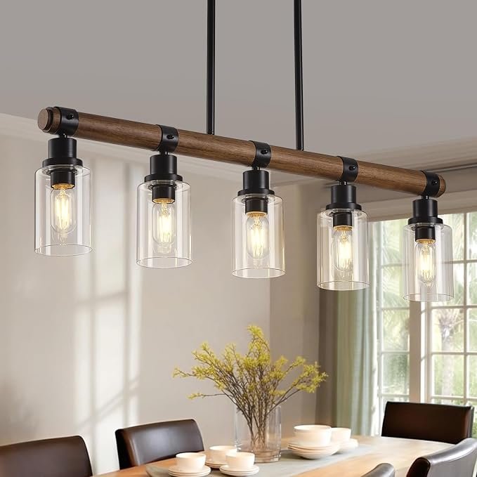 Dining Room Chandelier Over Table, 5-Light Farmhouse Kitchen Island Lighting, Matte Black Rustic Wood Chandelier with Clear Glass Shade, Ceiling Pendant Light Fixture for Kitchen - Image 2