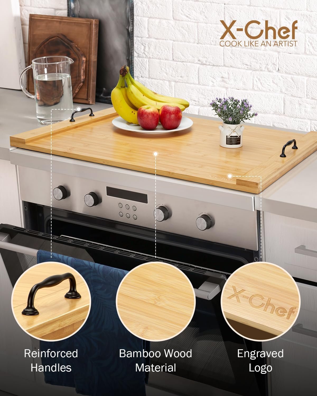 Noodle Board Stove Cover, X-Chef 30 x 22" Bamboo Cutting Board Stove Top Cover with Handles, for Electric Stovetop, Gas Burners, Sink Cover, RV (Wooden) Visit the X-Chef Store - Image 5