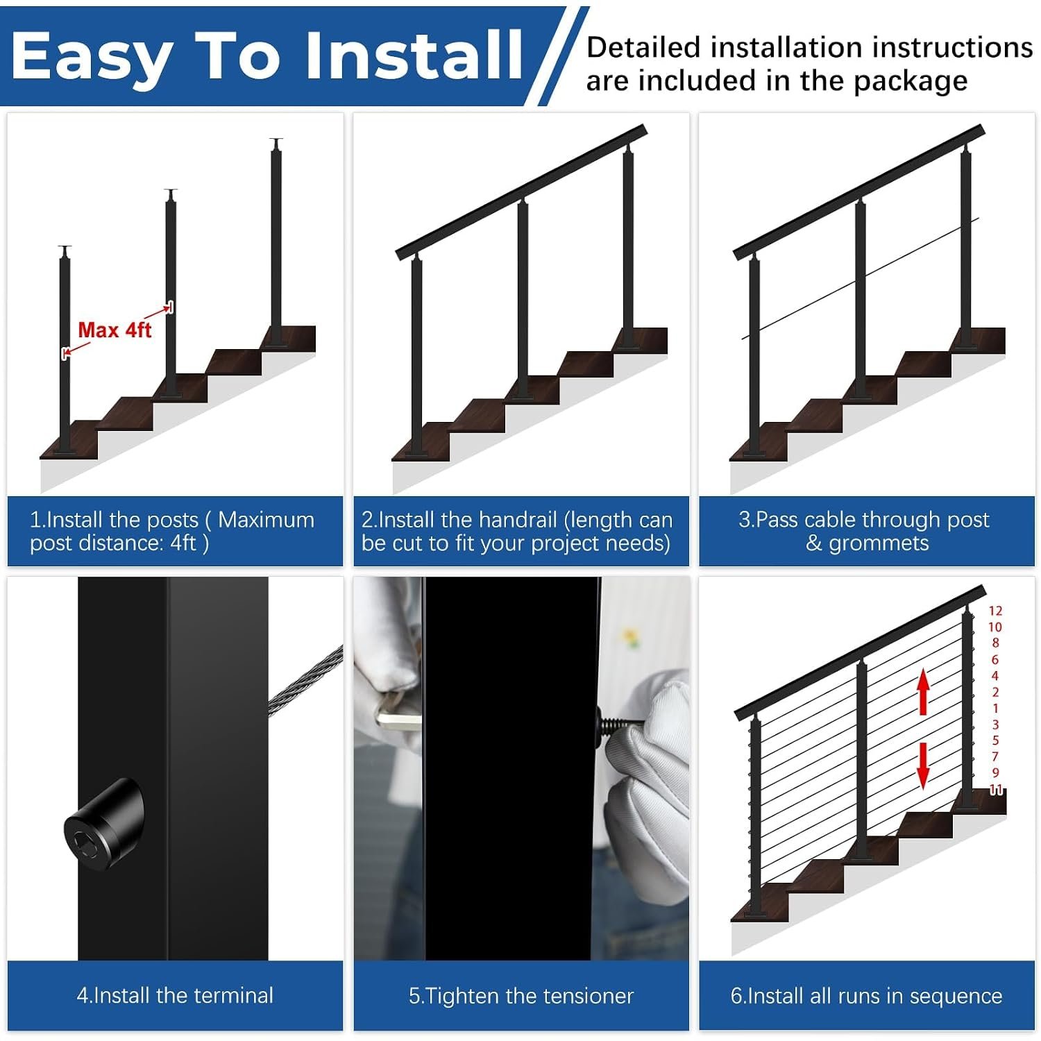 Zylorix 4ft-8ft Complete Set 36" Cable Railing System 33° Drilled with Cuttable Handrail, Modular Black T304 Stainless Steel Angled Stair Cable Railing Posts Kit for 28-38° Wood Concrete Stair - Image 8
