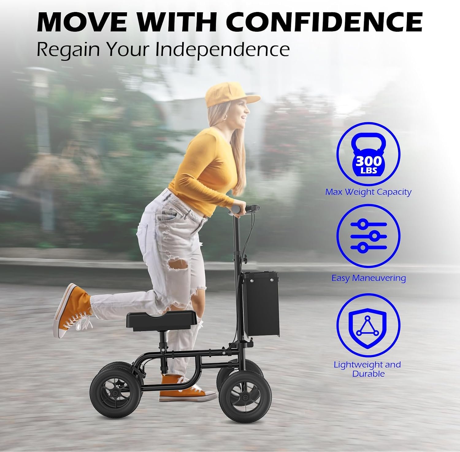 Hopelight Adjustable Knee Scooter, All Terrain Foldable Knee Scooter Walker, Disc Brake Knee Walker for Foot Injuries Compact Crutches Alternative, Mobility Scooter Medical Recovery Aid