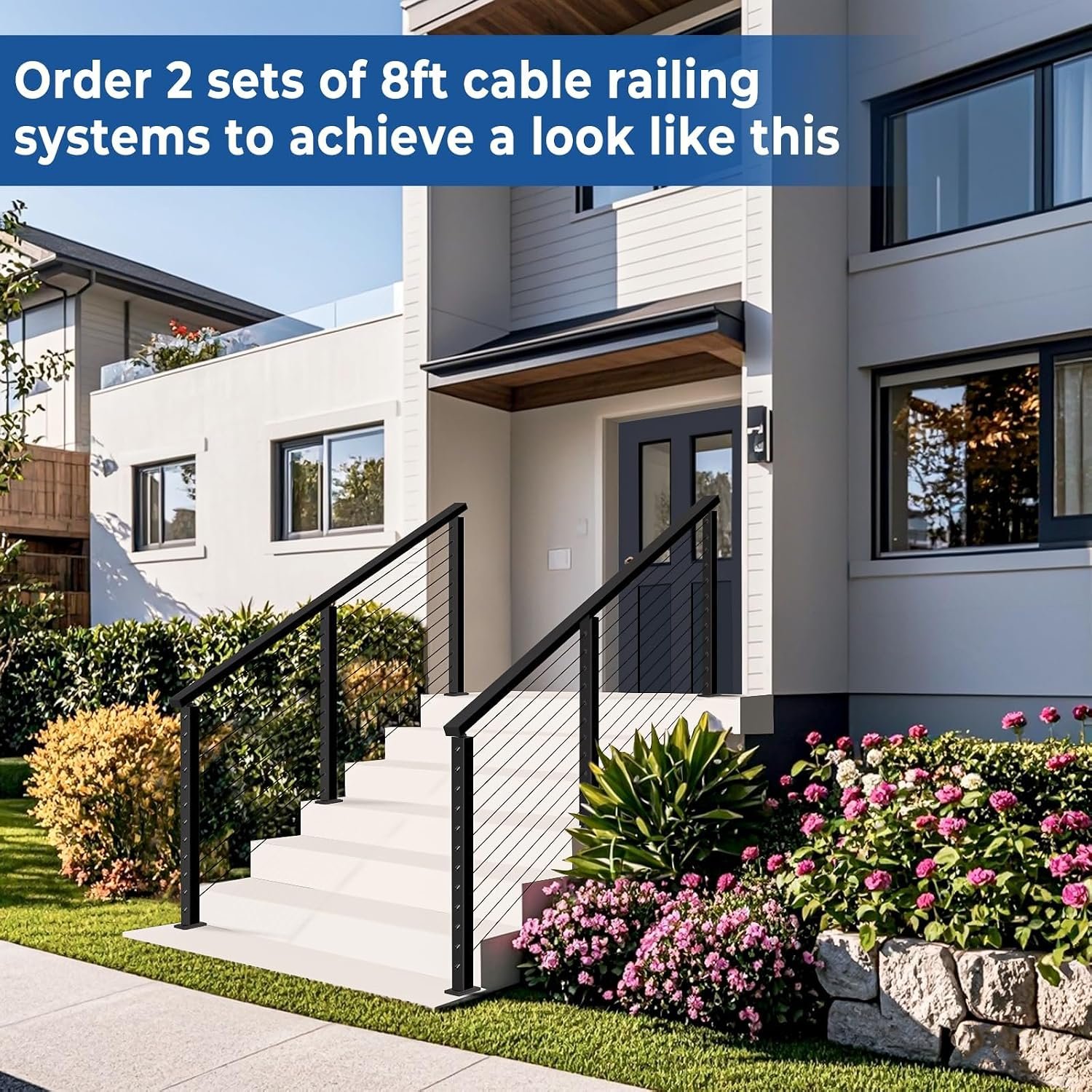 Zylorix 4ft-8ft Complete Set 36" Cable Railing System 33° Drilled with Cuttable Handrail, Modular Black T304 Stainless Steel Angled Stair Cable Railing Posts Kit for 28-38° Wood Concrete Stair - Image 9