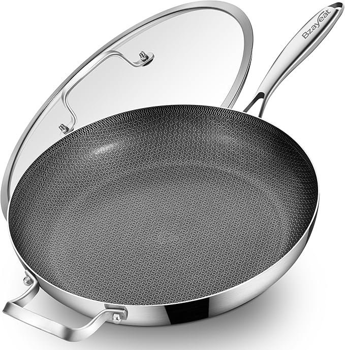 Bzayeat 14-Inch Nonstick Hybrid Frying Pan with Lid, Ceramic Coated Tri-Ply Stainless Steel Induction Chef's Pan, Large Skillet, PFOA Free, Oven & Dishwasher Safe for All Stoves, Detachable Handle