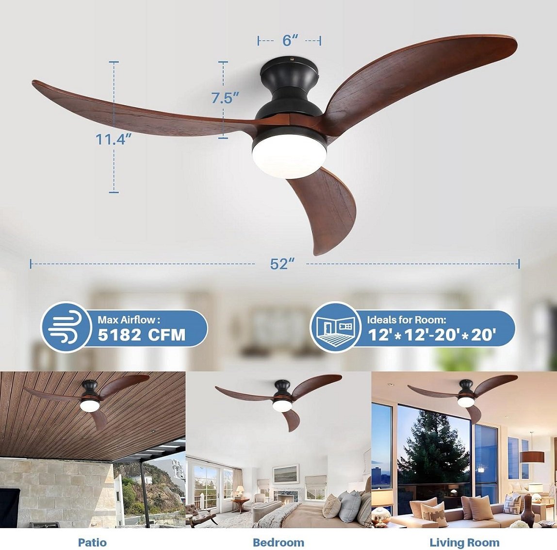Obabala 52 Inch Ceiling Fans with Lights and Remote Control-Outdoor Ceiling Fan Walnut Wood 3 Blade for Bedroom Living Room Indoor Farmhouse Patio, Reversible Noiseless DC MotorObabala 52 Inch Ceiling Fans with Lights and Remote Control-Outdoor Ceiling Fan Walnut Wood 3 Blade for Bedroom Living Room Indoor Farmhouse Patio, Reversible Noiseless DC Motor