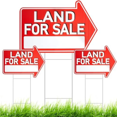 GlikCeil 3 Pcs 18 x 24 Inch Land Lot for Sale Sign by Owner Yard Sign with 3 Pcs 23. 6 Inch Metal Ground Stake Double Sided Red White Printing, Corrugated Plastic, for Outdoor Home House Real Estate