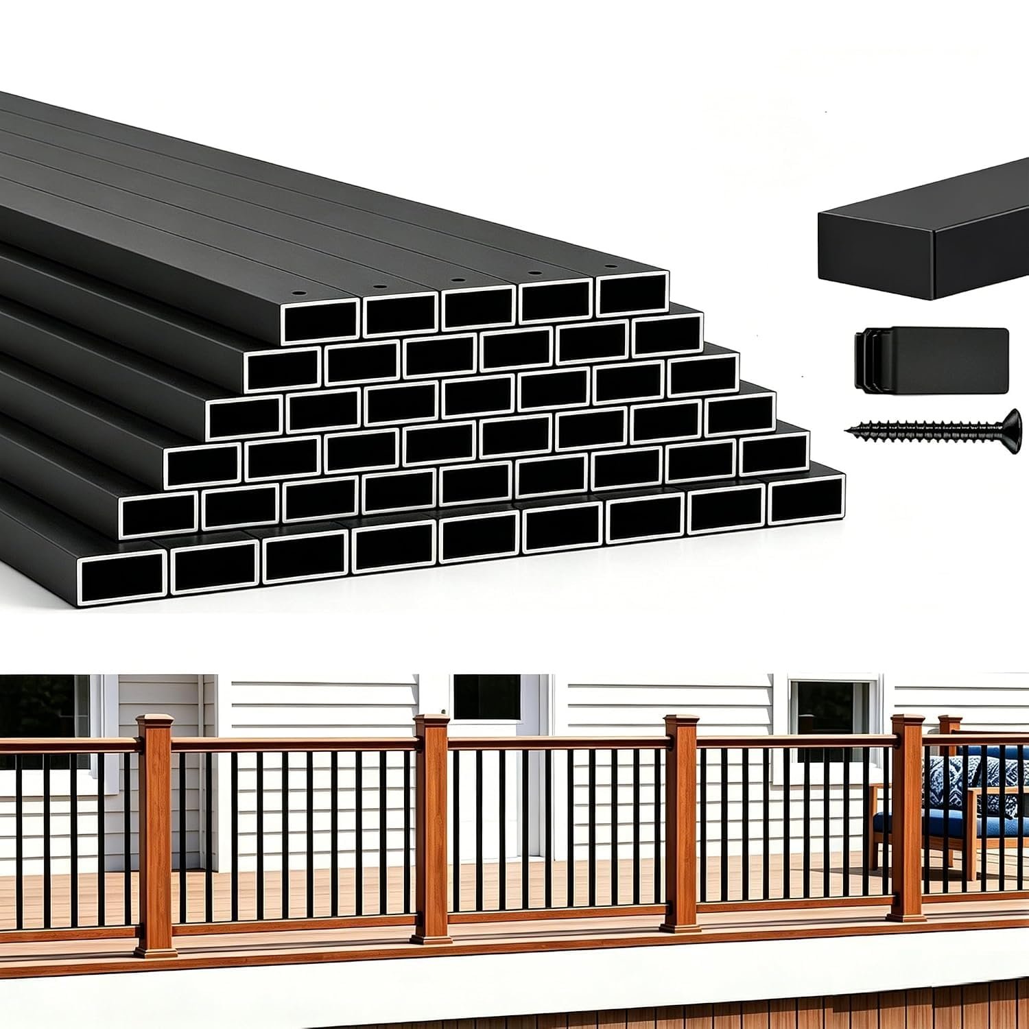 HZIU 50 Pack 29.5 Inch Rust-Proof Durable Black Side Mount Stainless Steel Deck Balusters with End Caps & Screws for Patio Balcony Outdoor Staircases Porch