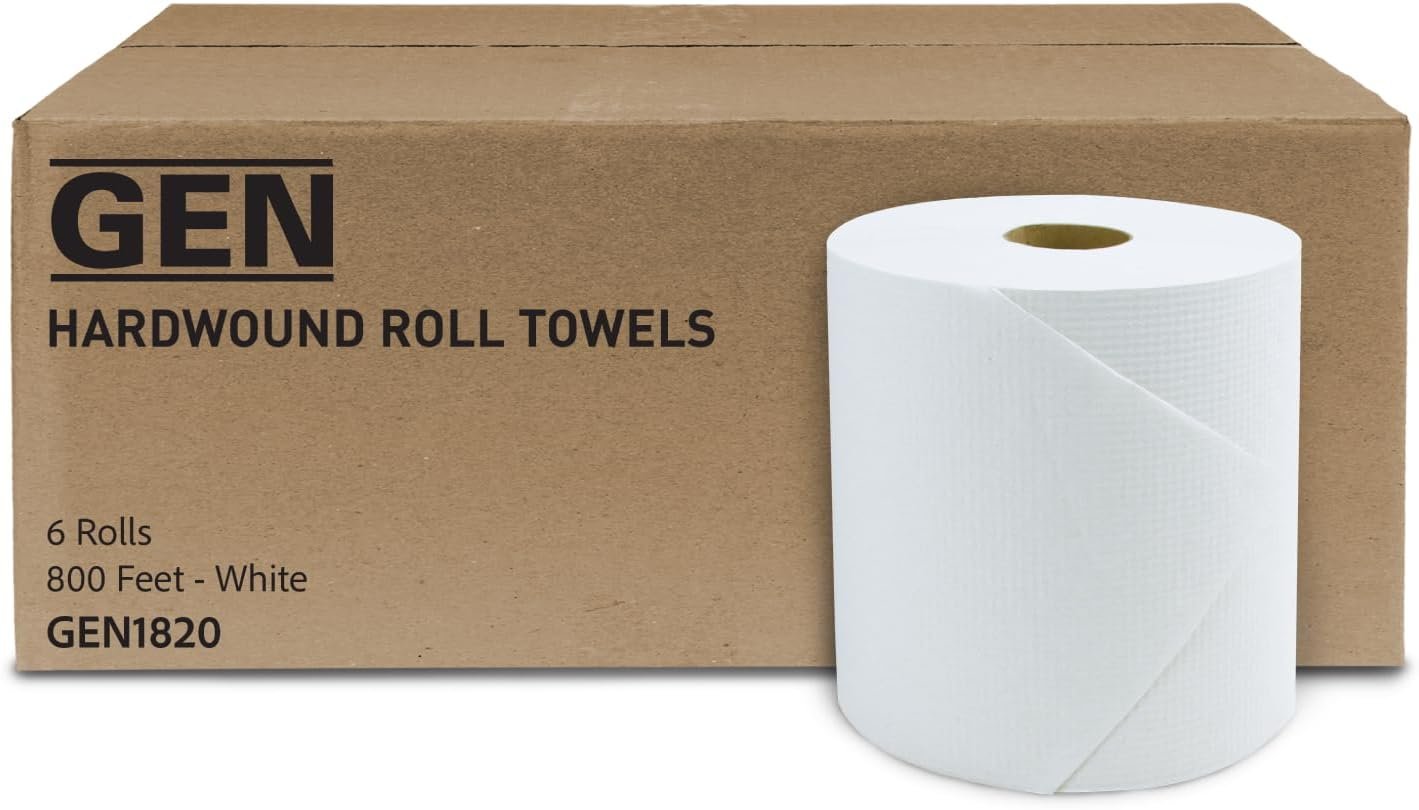 GEN Hardwound Roll Towels - White, 8-Inch x 800 ft, 6 Rolls/Carton