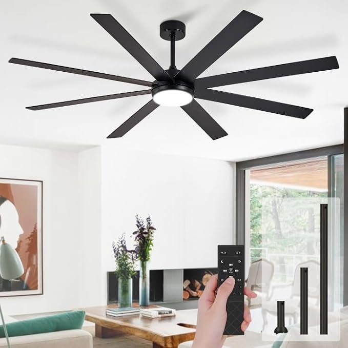 DLLT Large Ceiling Fans with Lights 72in Modern IndoorOutdoor Ceiling Fan for Living Room Patio - Black Ceiling Fans with Remote APP Control 8 Blades Reversible Quiet DC Motor Timer 6 Speeds 3 CCT - Image 2
