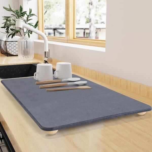 Large Stone Dish Drying Mat for Kitchen Counter, 24×16 Quick Dry Super Absorbent Eco-Friendly Diatomaceous Earth Stone Mat with hemisphere wooden feet, Non-slip, Heat Resistant, Multi-purpose mats.