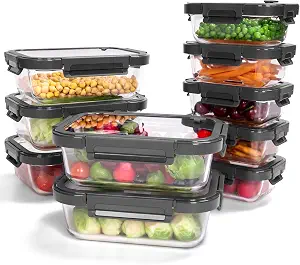 BOROHOUSE 10-Pack Glass Food Storage Containers with Tempered Lids – Borosilicate, Airtight, Oven-Safe (-4°F~950°F), BPA-Free, 4.4 & 1.6 Cup, Leak-Proof, Dishwasher Safe (Gray)