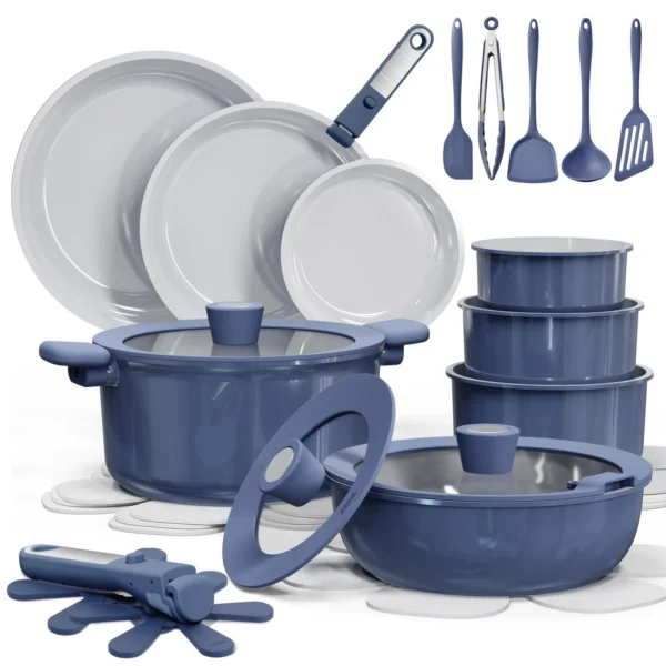 CAROTE 27pcs Ceramic Cookware Set Nonstick, Pots and Pans Set Non Stick, Non Toxic Cookware Detachable Handles, DishwasherOven Safe, RVCamping Cookware, Pan and Pot with Kitchen Utensils, Green