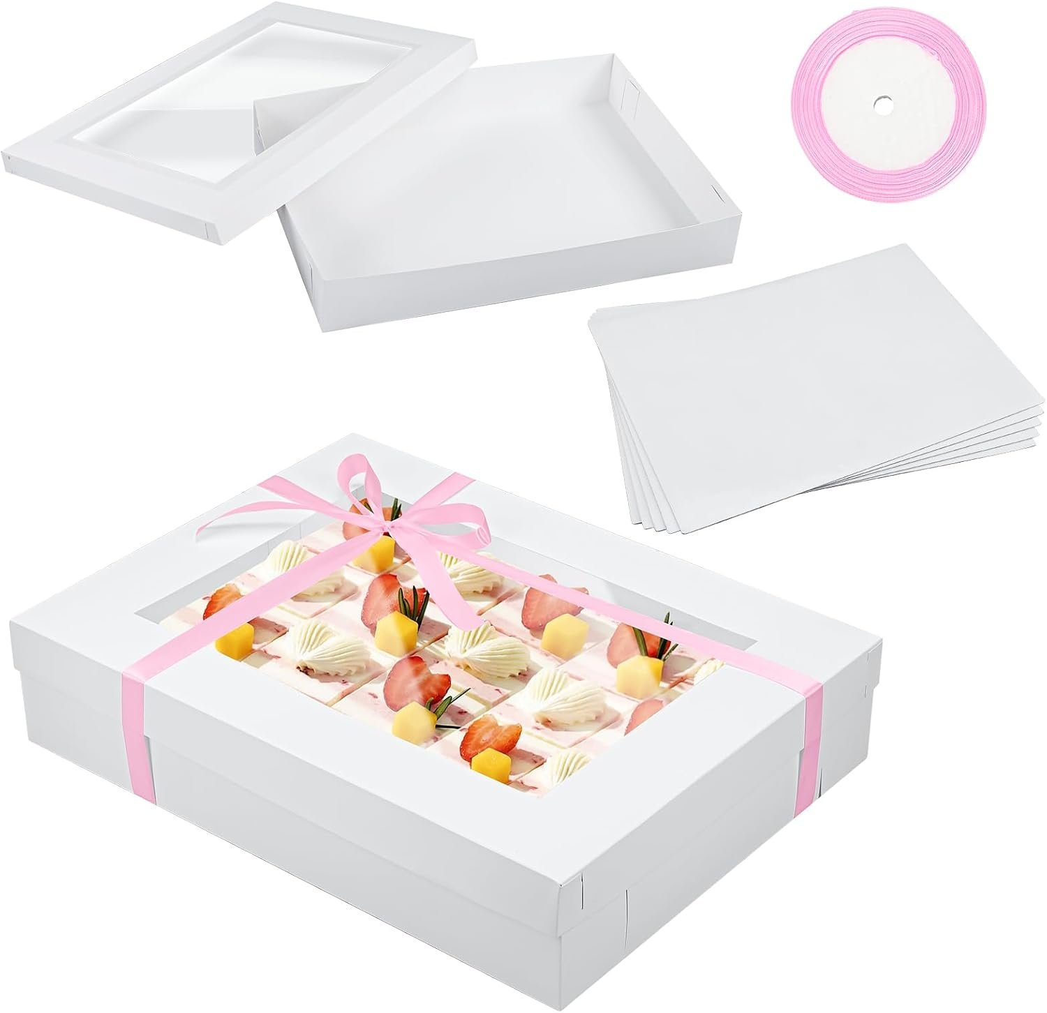 Chivertion 5 Set Full Sheet Cake Box 26 x 18 x 4 Inch with Cake Boards and Pink Satin Ribbon Large Rectangle Bakery Boxes with Window White Bakery Boxes for Packaging Cupcakes Muffins Pie