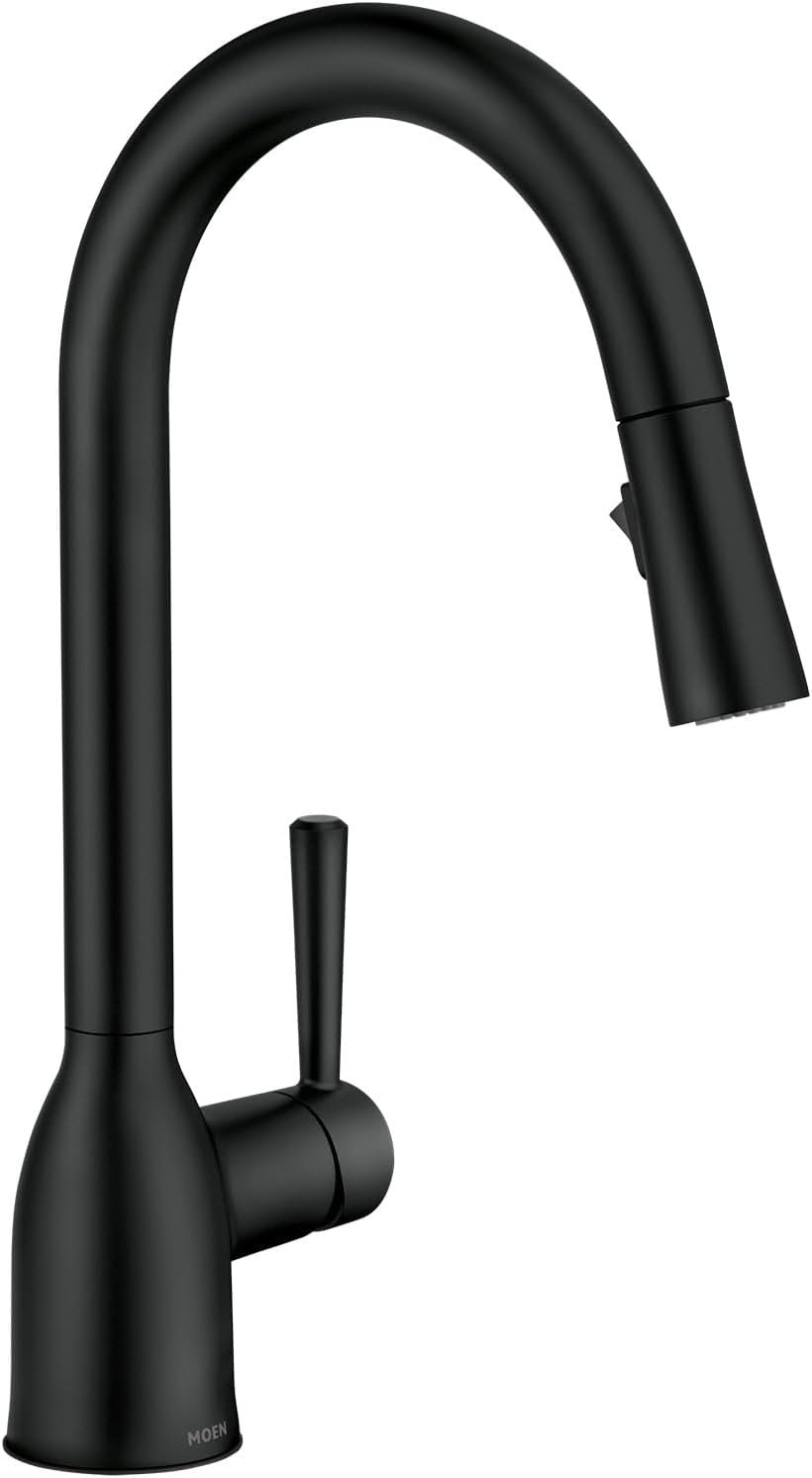 Moen Adler Matte Black One-Handle High Arc Kitchen Sink Faucet with Power Clean, Modern Kitchen Faucet with Pull Down Sprayer, 87233BL