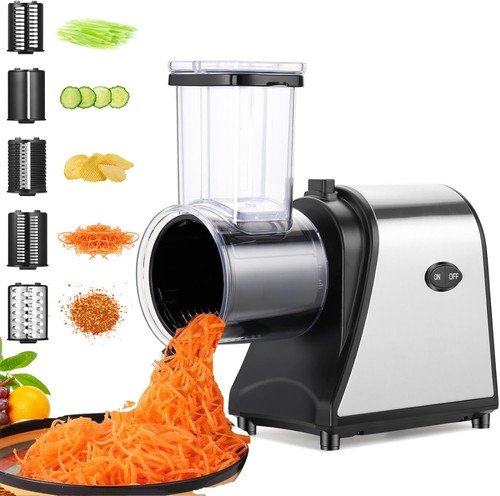 Electric Meat Grinder, Grater Salad Maker 250W Electric Slicer Cheese Gratershredder with 5 Free Attachments Electric Salad Machine Extra Large Feed Port Upgraded