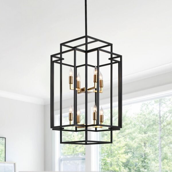 WJShome 8-Light Lantern Tiered Pendant Light Fixtures, Black and Gold Farmhouse Chandelier, Foyer Chandeliers for High Ceilings, for Dining Room, Living Room, Entryway, Staircase