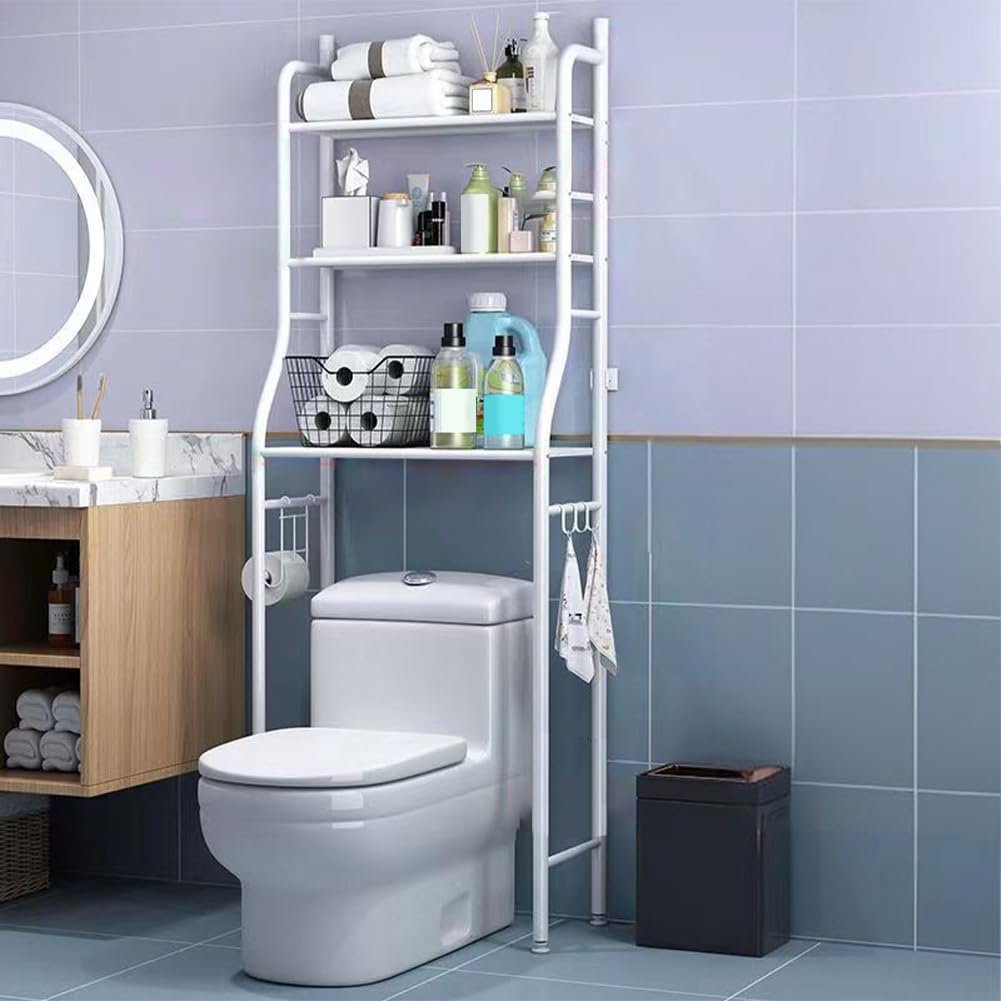 MegaChoice 3-Tier Over The Toilet Storage, Over Toilet Bathroom Organizer, Freestanding Metal Bathroom Shelves, Over The Toilet Organizer with Hooks and Paper Holder, Space-Saving, White