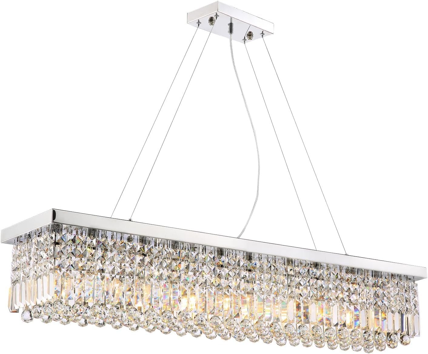 Siljoy Modern Rectangular Crystal Chandelier, 47 Rectangle Raindrop Hanging Ceiling Pendant Light Fixture Adjustable Height for Kitchen Island Dining Room, Polished Chrome Finish, L47 x W10 x H10