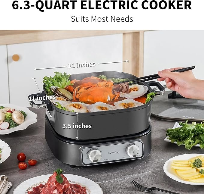 6-Quart Electric Skillet with Grill Non-Stick PFOA-Free Ceramic-Coated Pot, 1600W, Timer & 3 Power Settings for Steak, Egg, Ramen (Includes Tongs) Pot & Grill - Image 2
