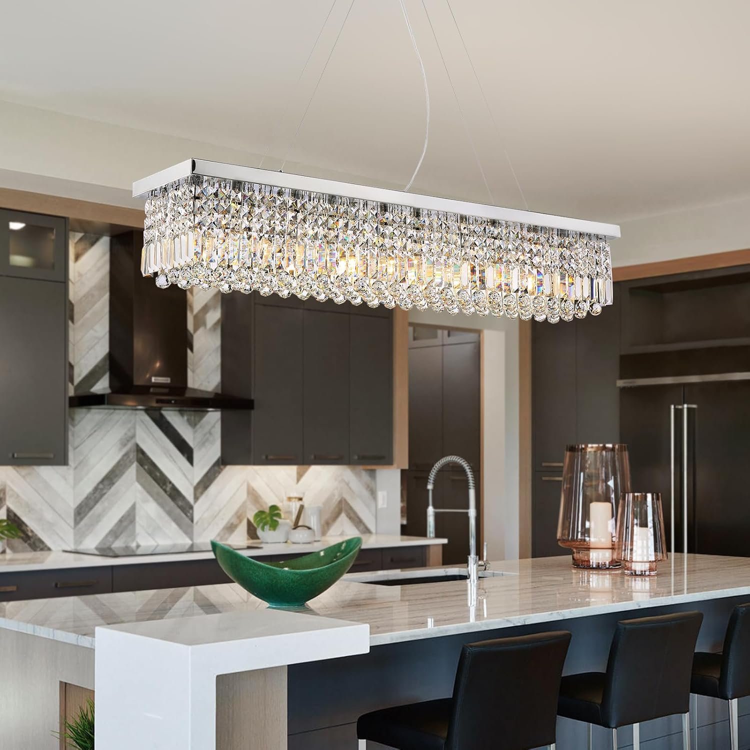 Siljoy Modern Rectangular Crystal Chandelier, 47 Rectangle Raindrop Hanging Ceiling Pendant Light Fixture Adjustable Height for Kitchen Island Dining Room, Polished Chrome Finish, L47 x W10 x H10 - Image 2