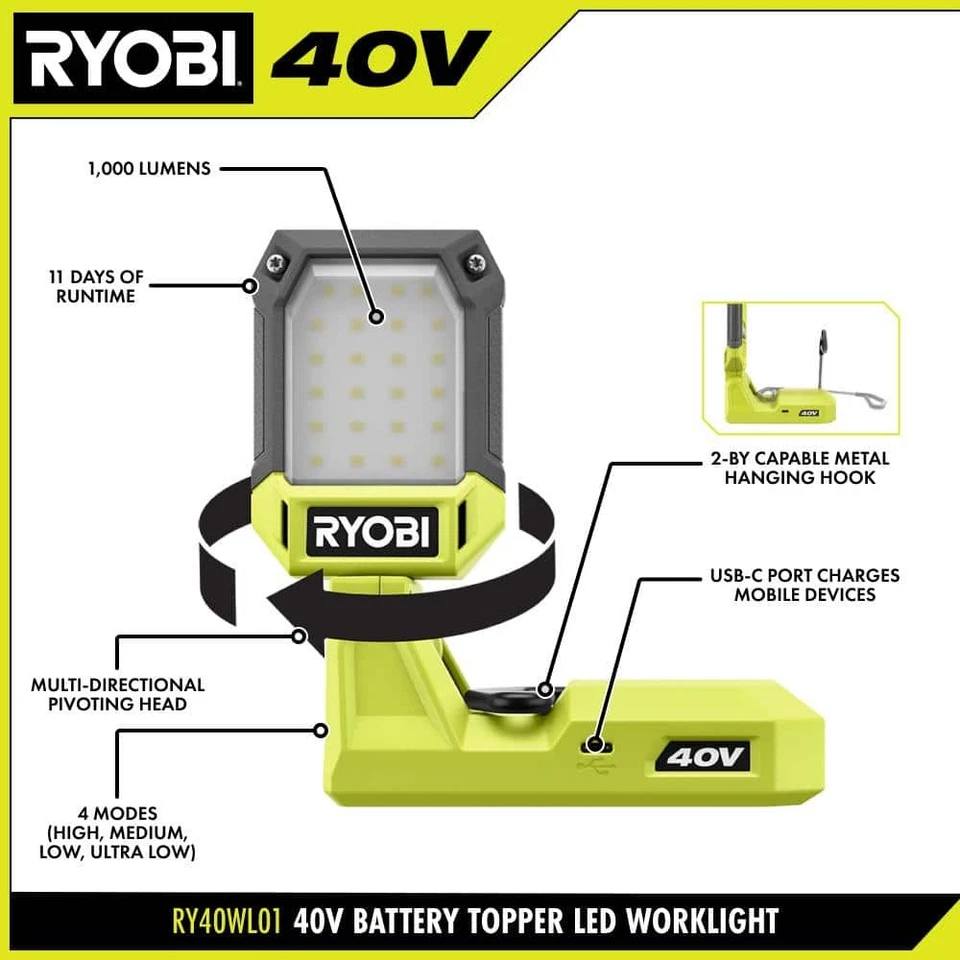 40V Cordless Battery Topper LED Work Light (Tool Only) - Image 4