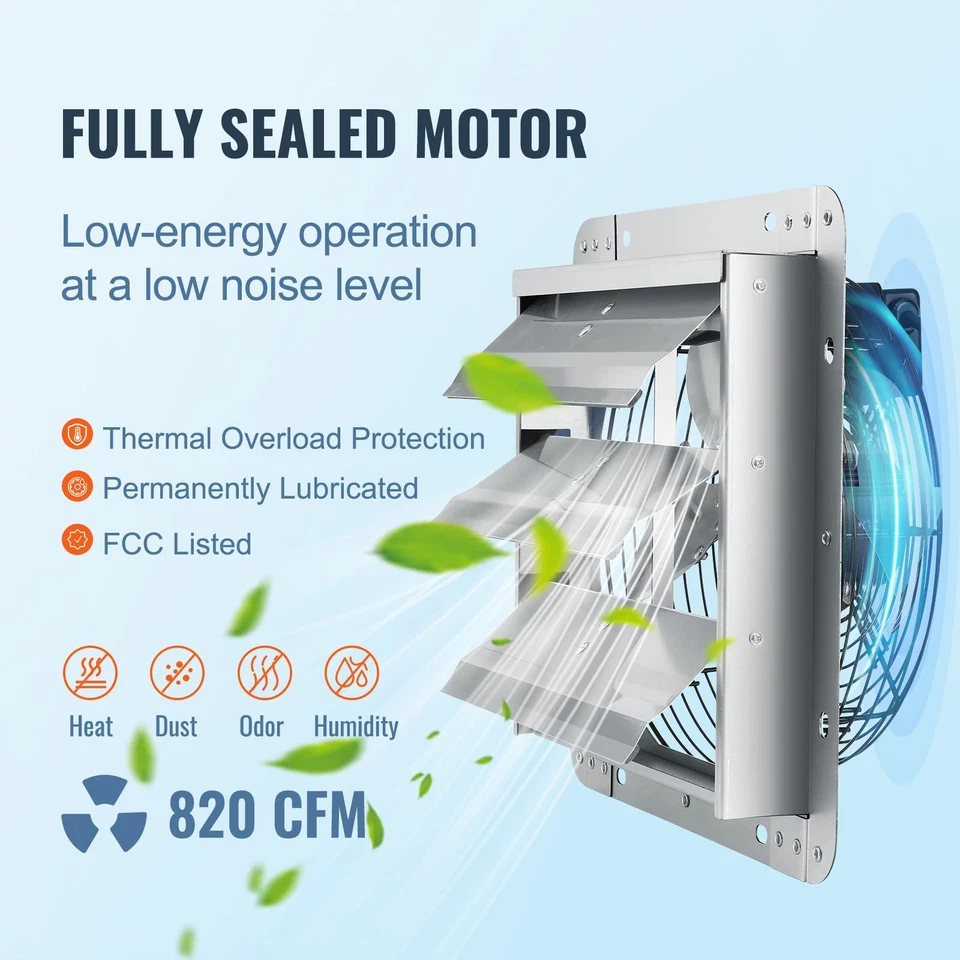 VEVOR 10 in. Shutter Exhaust Fan High-Speed 820 CFM Aluminum Wall Mount Attic Fan, Wall Fan with Ventilation and Cooling - Image 3