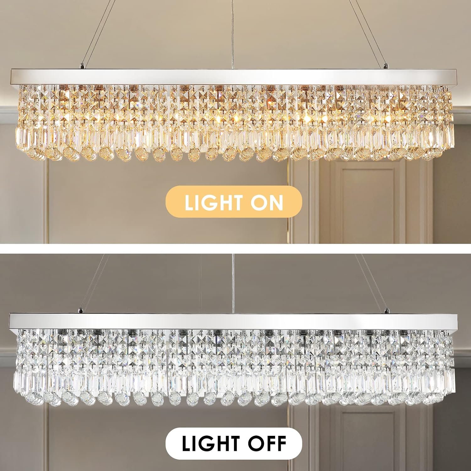 Siljoy Modern Rectangular Crystal Chandelier, 47 Rectangle Raindrop Hanging Ceiling Pendant Light Fixture Adjustable Height for Kitchen Island Dining Room, Polished Chrome Finish, L47 x W10 x H10 - Image 3