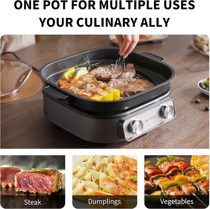6-Quart Electric Skillet with Grill Non-Stick PFOA-Free Ceramic-Coated Pot, 1600W, Timer & 3 Power Settings for Steak, Egg, Ramen (Includes Tongs) Pot & Grill - Image 4
