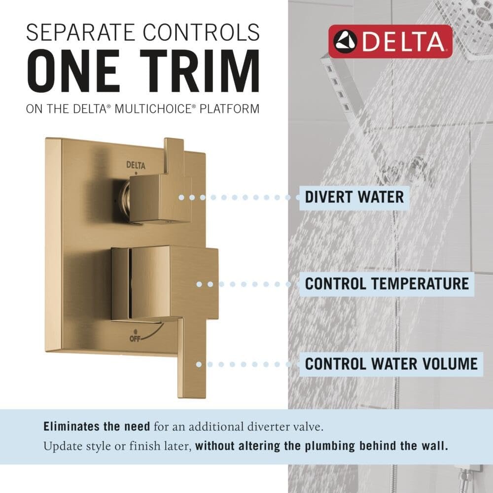 Delta Modern 14 Series Square Rain Shower System Faucet Set, Rainfall Brushed Gold Shower Head and Handle Set, Valve Trim Kit, 10 Inch, Champagne Bronze 342701-CZ - Image 5