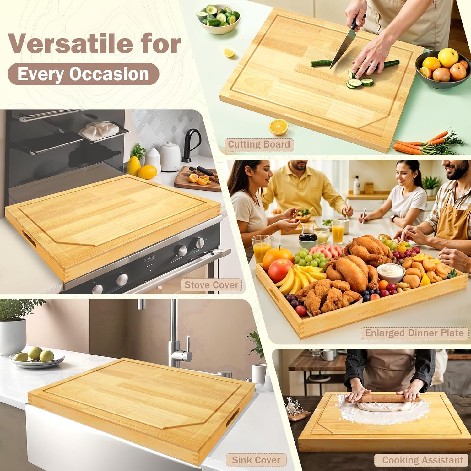 4 In 1 Noodle Board Stove Cover Lightweight Cutting Board Wood Stove Top Covers for Electric Stove, Glass Gas Stove Cover for Gas Burners - 30 x 22 - Image 4