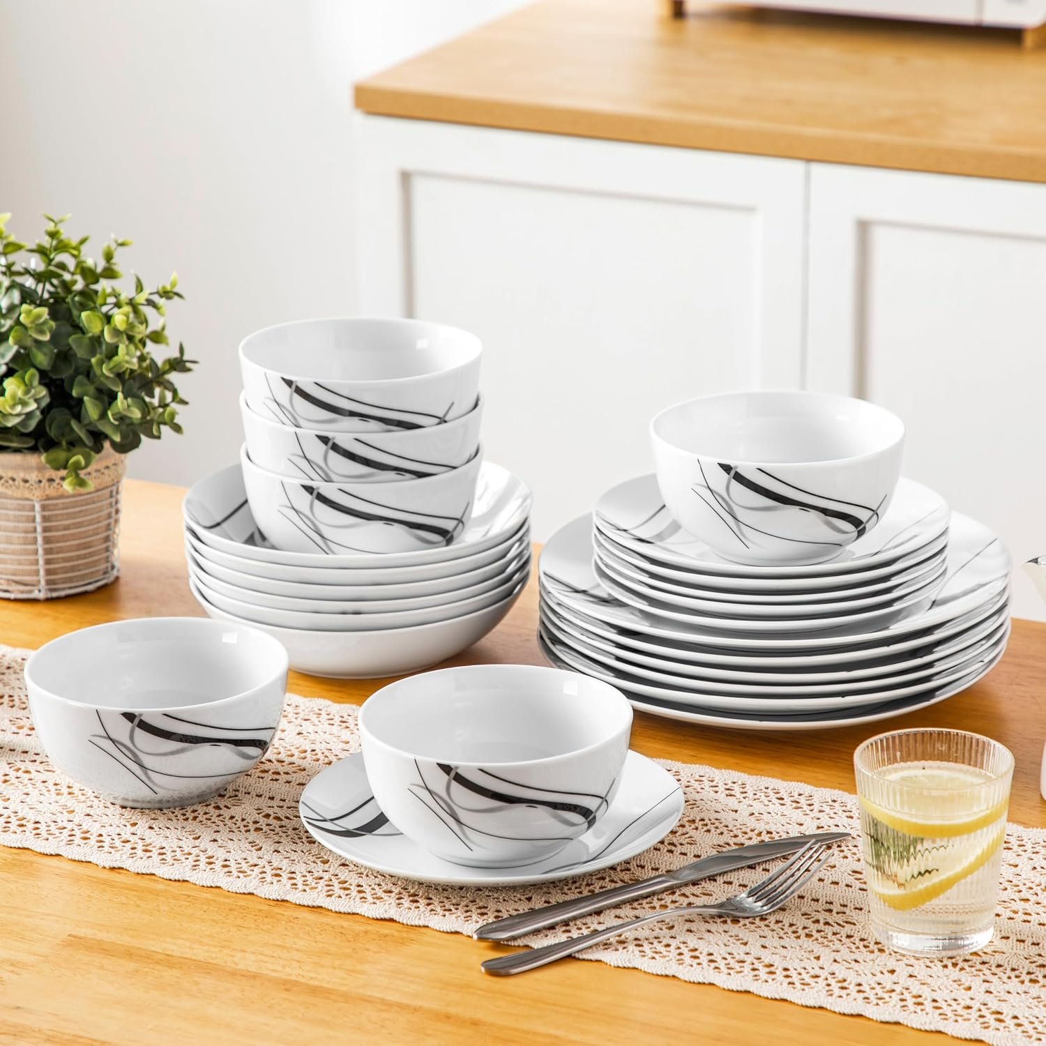 VEWEET Porcelain Dinnerware Sets for 6, 24 Pieces Plates and Bowls Set with Black and Grey Ribbon Lines, Dishes Set Dining Ware for Dinner, Microwave and Dishwasher Safe, Series FIONA - Image 4