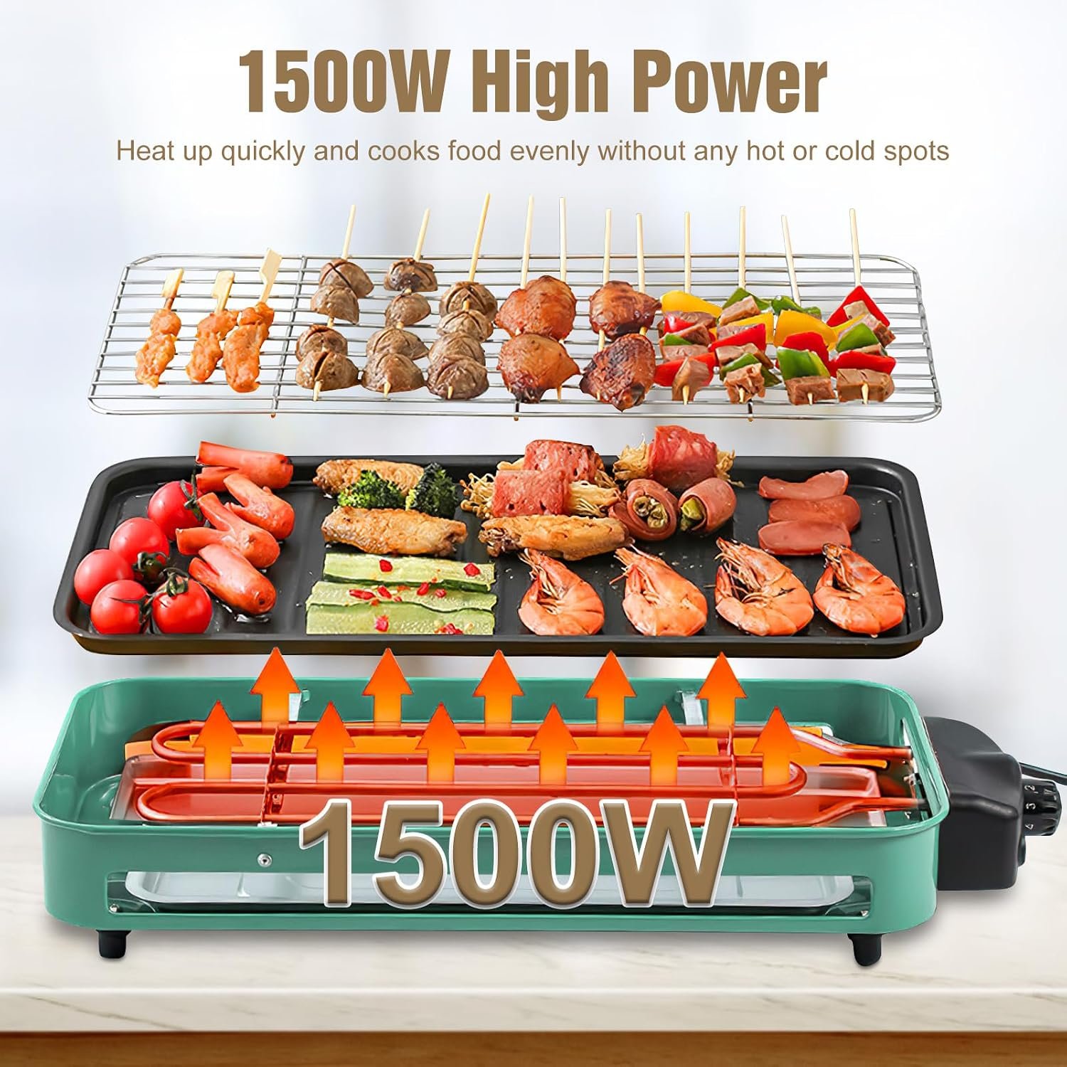 1500W Electric Indoor Grill, 2 in 1 Electric Griddle Nonstick with Grill Net & Removable Plate, 5 Adjustable Temperature Control Portable Korean BBQ Grill with 3 Small Trays - Image 4