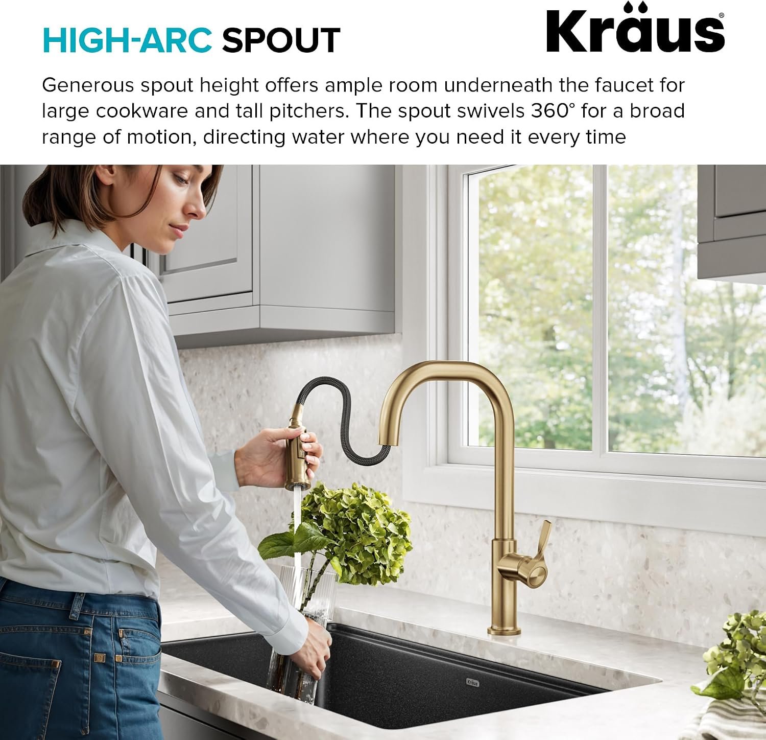 KRAUS Torak Pull Down Kitchen Faucet in Spot-Free Brushed Brass with 2 Function Sprayer, Pre-Attached Water Lines, and Mounting Hardware, KPF-2841SFBB - Image 5