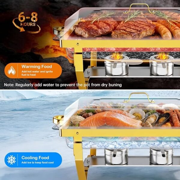 Chafing Dishes for Buffet 4 Pack 7 Pans, 9.5QT [Large Capacity] High-Grade Stainless Steel Food Warmers with Rolled Edge | Easy to Clean [Elegant Gold & Silver] for Buffet, Party, Wedding & Catering